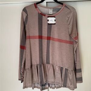 Plaid Long Sleeve Top in Taupe and Red, NWT, Large